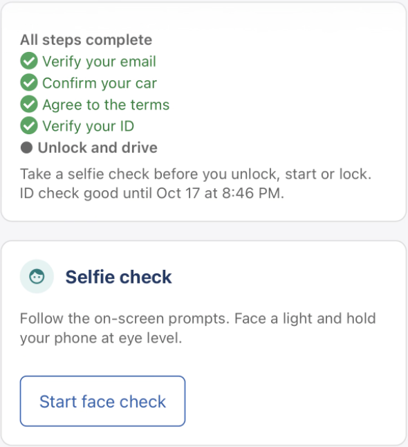 VeriDrive driver screen: verification steps complete and selfie check