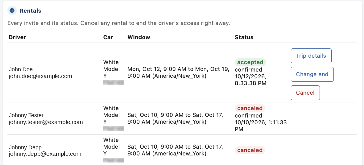 VeriDrive Owner Dashboard: rentals list with status and cancel controls